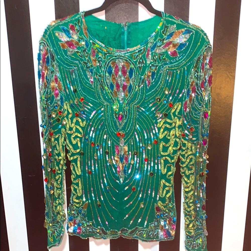 1980s Vintage Fully Embellished Sequin/Silk Emerald Green Long Sleeve Top Small